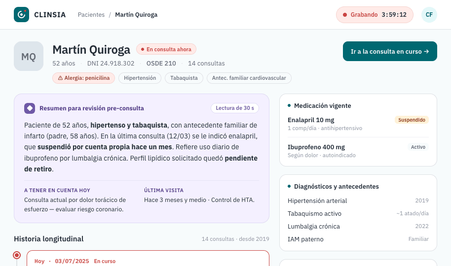 Historia clínica longitudinal del paciente en Clinsia con resumen pre-consulta generado por IA
